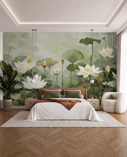 Tapet Flori de lotus în lac, junglă, artă tropicală, verdeață, Fototapet Flori, u99454d1 : Uwalls.ro