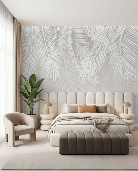 Tapet Frunze de palmier fragile albe cu o textură grunge, Fototapet pădure, Fototapet Tropics, u94286d1 : Uwalls.ro