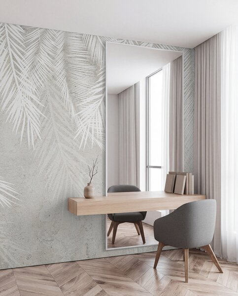 Tapet Frunze de palmier fragile albe cu o textură grunge, Fototapet pădure, Fototapet Tropics, u94286d1 : Uwalls.ro