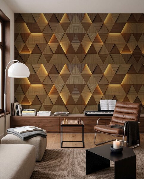 Tapet Triunghiuri clasice din lemn cu iluminare 3D, Fototapet 3D, Fotomurale 3D Forme geometrice, u99280 : Uwalls.ro