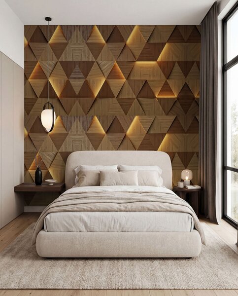 Tapet Triunghiuri clasice din lemn cu iluminare 3D, Fototapet 3D, Fotomurale 3D Forme geometrice, u99280 : Uwalls.ro
