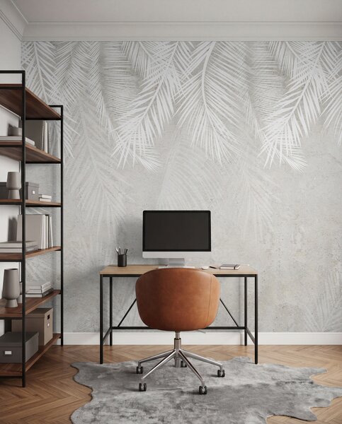 Tapet Frunze de palmier fragile albe cu o textură grunge, Fototapet pădure, Fototapet Tropics, u94286d2 : Uwalls.ro