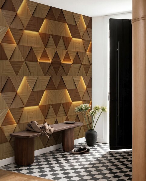 Tapet Triunghiuri clasice din lemn cu iluminare 3D, Fototapet 3D, Fotomurale 3D Forme geometrice, u99280 : Uwalls.ro