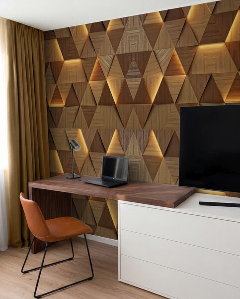 Tapet Triunghiuri clasice din lemn cu iluminare 3D, Fototapet 3D, Fotomurale 3D Forme geometrice, u99280 : Uwalls.ro
