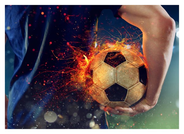 Tablou pe sticlă - Minge de fotbal în flăcări (70x50 cm)