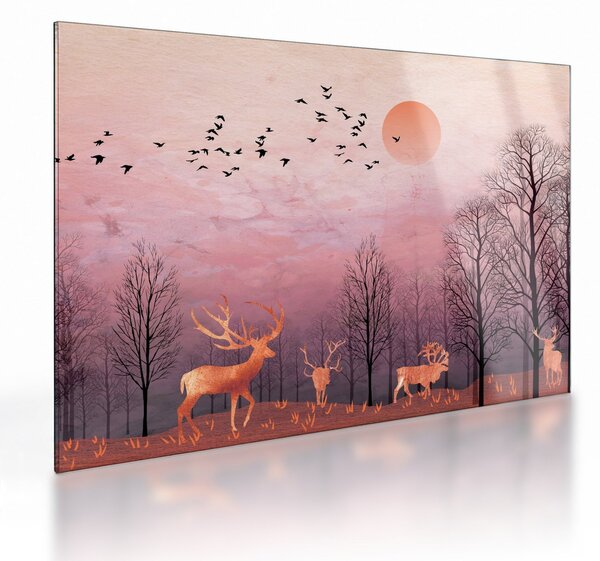 Tablou pe sticlă - Căprioare în strălucirea apusului de soare (70x50 cm)
