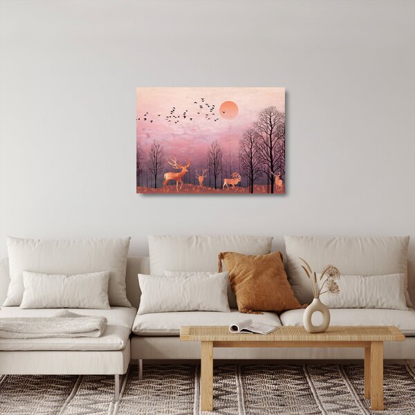 Tablou pe sticlă - Căprioare în strălucirea apusului de soare (70x50 cm)