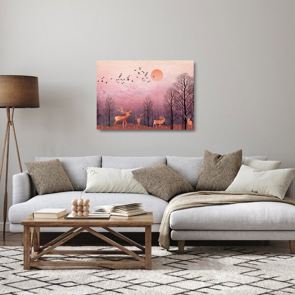 Tablou pe sticlă - Căprioare în strălucirea apusului de soare (70x50 cm)