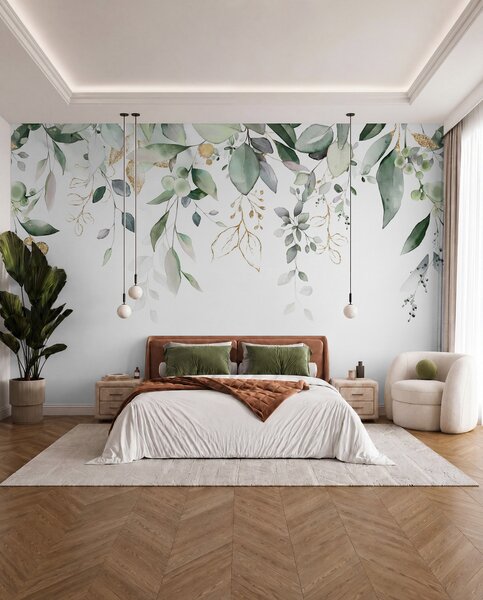 Tapet Hanging frunze de eucalipt pe un fundal alb, Fototapet Natură, Fototapet Frunze, u95506d2 : Uwalls.ro