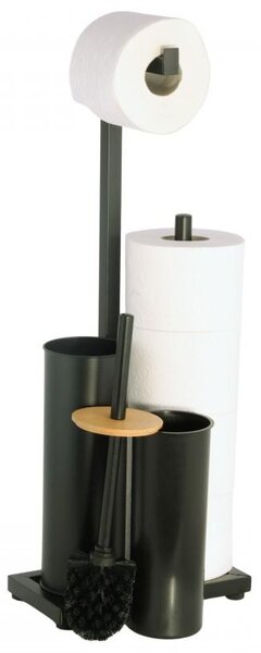 Erga Pap, suport pentru hârtie igienică cu perie de toaletă și dozator, negru-maro, ERG-YKA-P.PAP-WC-BLK