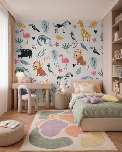 Tapet animale, lei, girafe, elefanți, frunze, camera copilului, Fototapet Pentru Copii, w00555 : Uwalls.ro