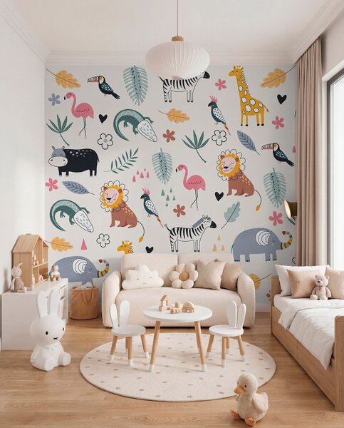 Tapet animale, lei, girafe, elefanți, frunze, camera copilului, Fototapet Pentru Copii, w00555 : Uwalls.ro