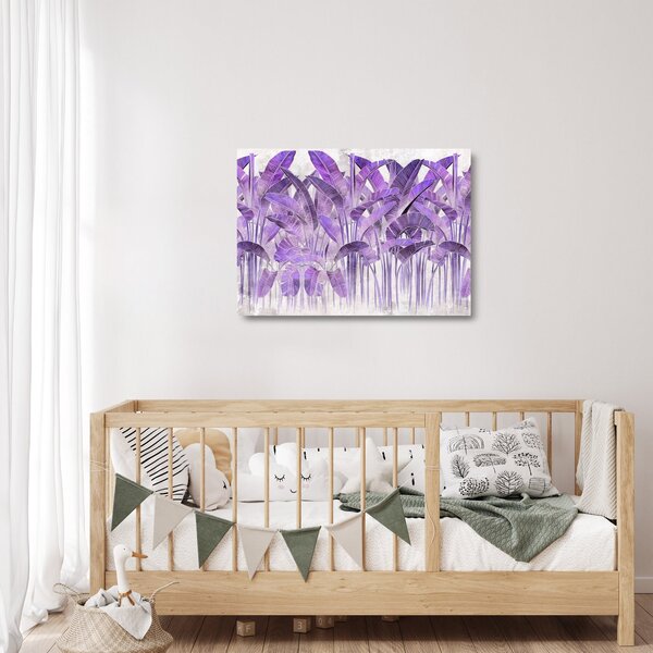 Tablou pe sticlă - Frunze violet în tencuială (70x50 cm)