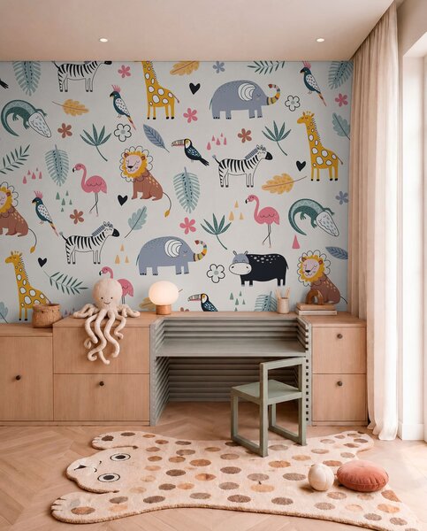 Tapet animale, lei, girafe, elefanți, frunze, camera copilului, Fototapet Pentru Copii, w00555 : Uwalls.ro