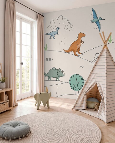Tapet Dinozauri colorați pe dealuri, Fototapet Pentru Copii, Fototapet dinozauri, w00637 : Uwalls.ro