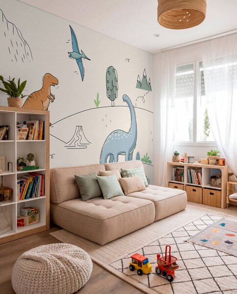 Tapet Dinozauri colorați pe dealuri, Fototapet Pentru Copii, Fototapet dinozauri, w00637 : Uwalls.ro