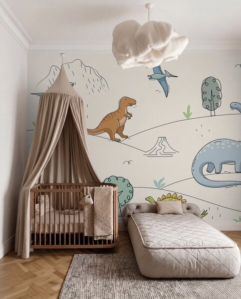 Tapet Dinozauri colorați pe dealuri, Fototapet Pentru Copii, Fototapet dinozauri, w00637 : Uwalls.ro