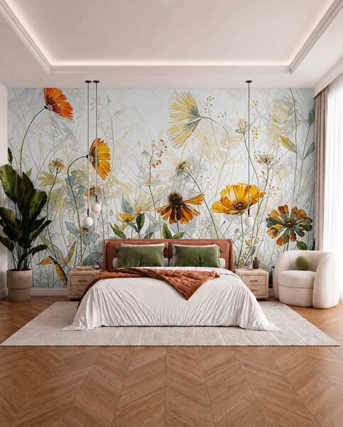 Tapet Un câmp de flori vibrante pe un fundal moale, cețos, cu flori albe delicate și iarbă subțire, Fototapet Natură, w00708 : Uwalls.ro