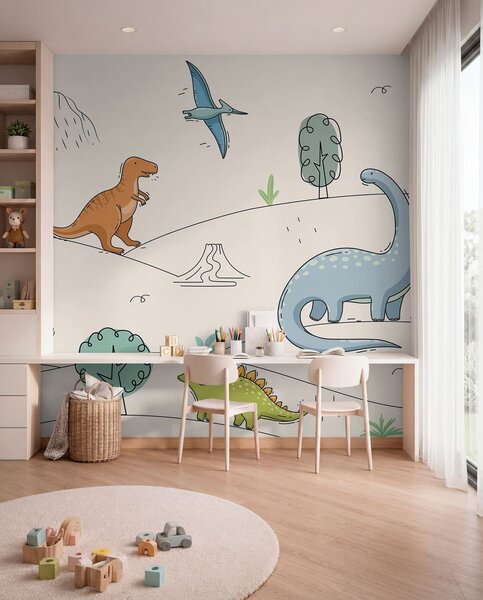 Tapet Dinozauri colorați pe dealuri, Fototapet Pentru Copii, Fototapet dinozauri, w00637 : Uwalls.ro