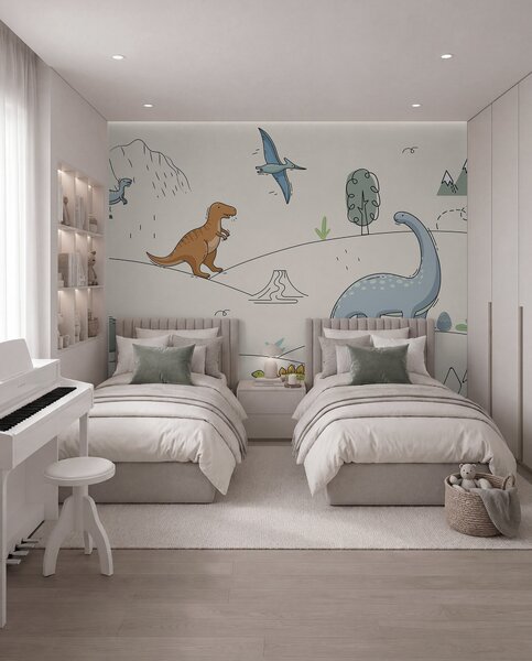 Tapet Dinozauri colorați pe dealuri, Fototapet Pentru Copii, Fototapet dinozauri, w00637 : Uwalls.ro