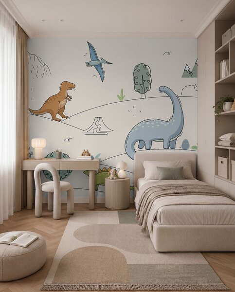 Tapet Dinozauri colorați pe dealuri, Fototapet Pentru Copii, Fototapet dinozauri, w00637 : Uwalls.ro