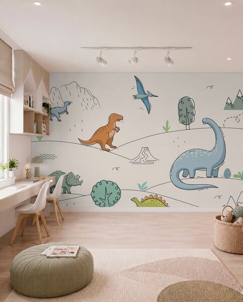 Tapet Dinozauri colorați pe dealuri, Fototapet Pentru Copii, Fototapet dinozauri, w00637 : Uwalls.ro