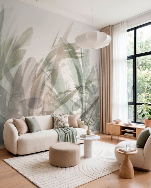 Tapet Multicompoziție abstractă de forme neclare de frunze tropicale asemănătoare ierbii în nuanțe de verde, Fototapet Acuarelă, w00798 : Uwalls.ro