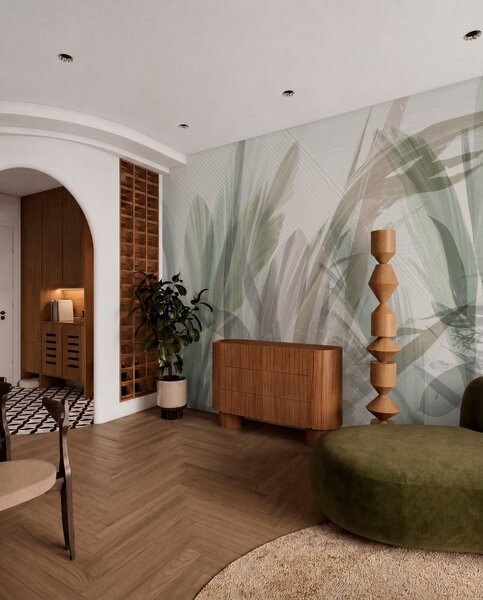 Tapet Multicompoziție abstractă de forme neclare de frunze tropicale asemănătoare ierbii în nuanțe de verde, Fototapet Acuarelă, w00798 : Uwalls.ro