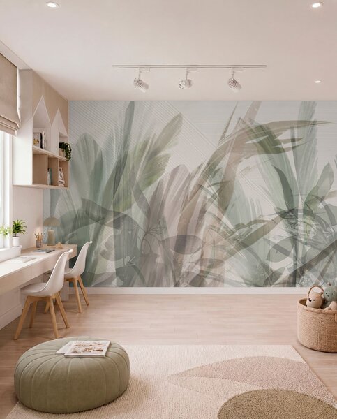 Tapet Multicompoziție abstractă de forme neclare de frunze tropicale asemănătoare ierbii în nuanțe de verde, Fototapet Acuarelă, w00798 : Uwalls.ro