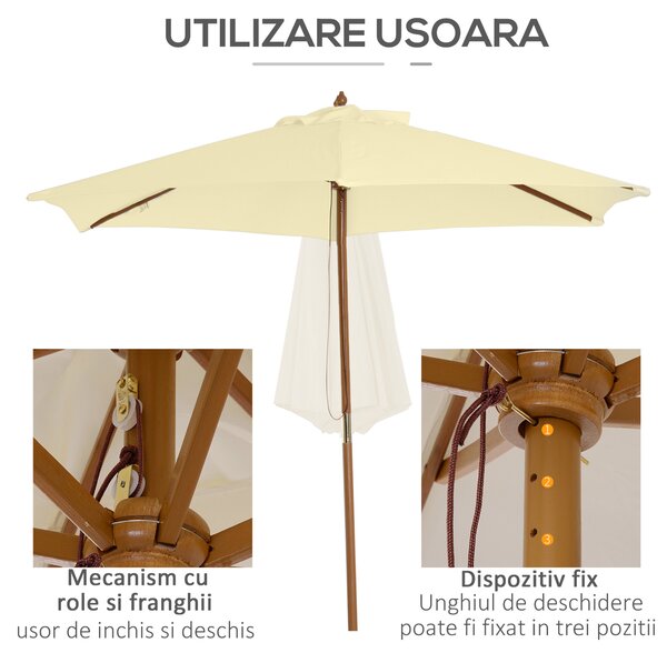 Outsunny Umbrelă de Soare pentru Grădină cu Suport din Lemn, Design Elegant, 2.5x2.3m, Crem, Protecție UV | Aosom Romania