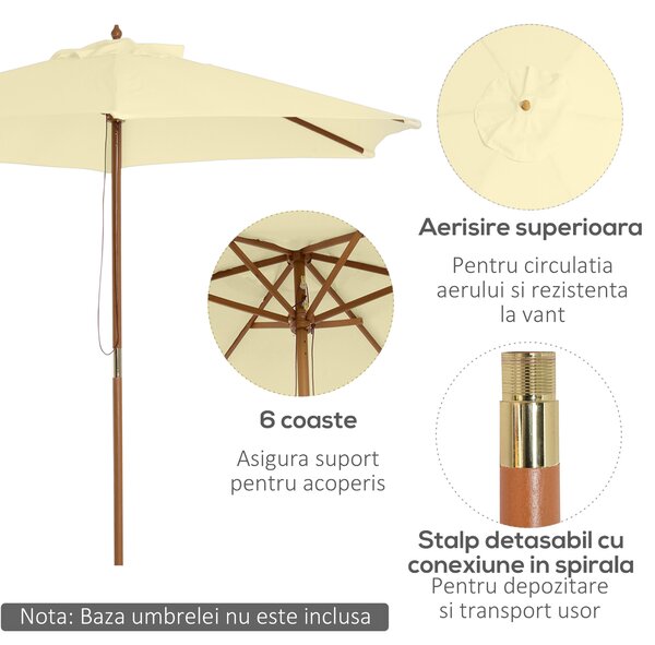 Outsunny Umbrelă de Soare pentru Grădină cu Suport din Lemn, Design Elegant, 2.5x2.3m, Crem, Protecție UV | Aosom Romania