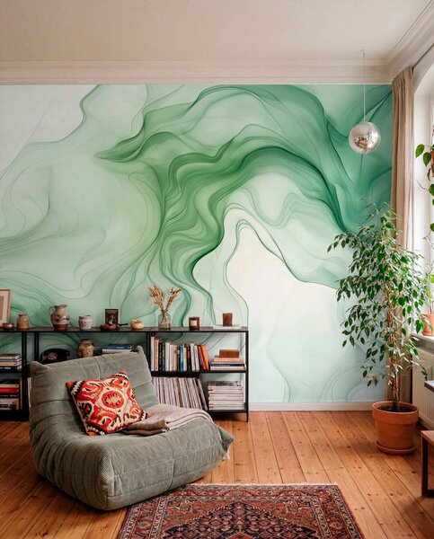 Tapet Panoramic verde abstract valuri pe un fundal de lumină, Fototapet 3D, Fotomurale 3D Forme geometrice, w01185d1 : Uwalls.ro