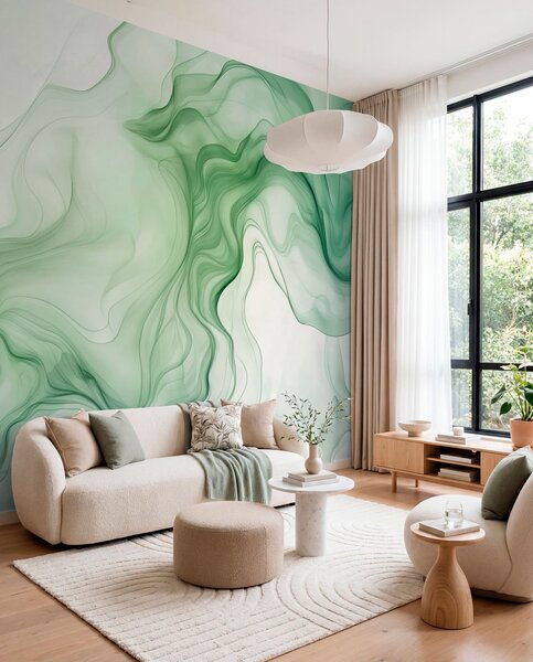 Tapet Valuri abstracte verzi pe un fundal deschis, Fototapet 3D, w01185 : Uwalls.ro