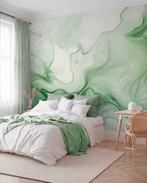 Tapet Panoramic verde abstract valuri pe un fundal de lumină, Fototapet 3D, Fotomurale 3D Forme geometrice, w01185d1 : Uwalls.ro