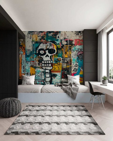 Tapet Graffiti colorat în stilul Basquiat, Fototapet în stil graffiti și artă stradală, w01187 : Uwalls.ro