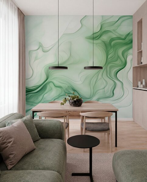 Tapet Panoramic verde abstract valuri pe un fundal de lumină, Fototapet 3D, Fotomurale 3D Forme geometrice, w01185d1 : Uwalls.ro