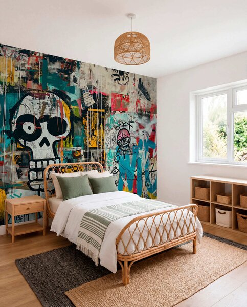Tapet Graffiti colorat în stilul Basquiat, Fototapet în stil graffiti și artă stradală, w01187 : Uwalls.ro