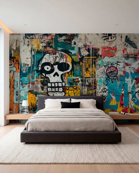 Tapet Graffiti colorat în stilul Basquiat, Fototapet în stil graffiti și artă stradală, w01187 : Uwalls.ro