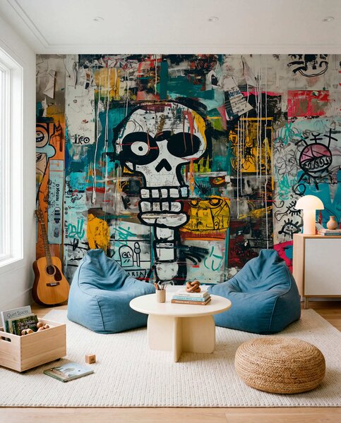 Tapet Graffiti colorat în stilul Basquiat, Fototapet în stil graffiti și artă stradală, w01187 : Uwalls.ro