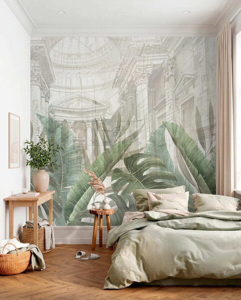 Tapet Un desen grandios cu coloane arhitecturale ornamentate din marmură și plante verzi tropicale luxuriante, Fototapet Natură, w01311 : Uwalls.ro