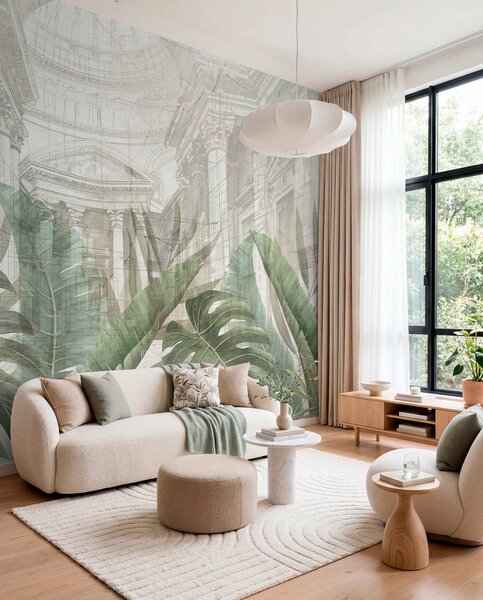 Tapet Un desen grandios cu coloane arhitecturale ornamentate din marmură și plante verzi tropicale luxuriante, Fototapet Natură, w01311 : Uwalls.ro