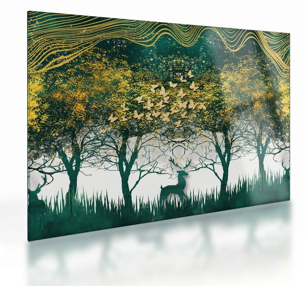 Tablou pe sticlă - Căprioare în pădurea verde (70x50 cm)