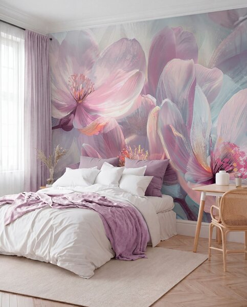 Tapet Delicate transparente pastel neon lumina roz și flori albe cu fundal moale, neclare, Fototapet Flori, w01307 : Uwalls.ro