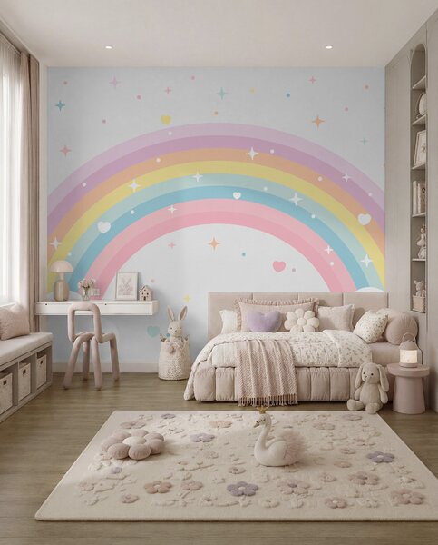 Tapet Curcubeu colorat cu stele și inimi stil scandinav, Fototapet Pentru Copii, Rainbow pentru copiilor, w08109 : Uwalls.ro
