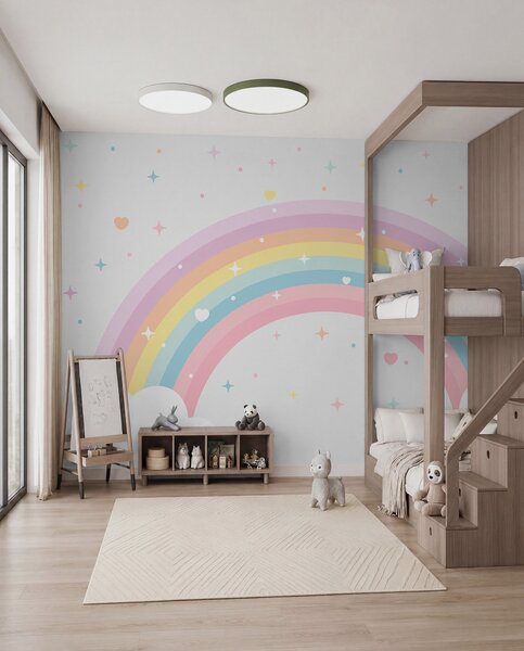 Tapet Curcubeu colorat cu stele și inimi stil scandinav, Fototapet Pentru Copii, Rainbow pentru copiilor, w08109 : Uwalls.ro