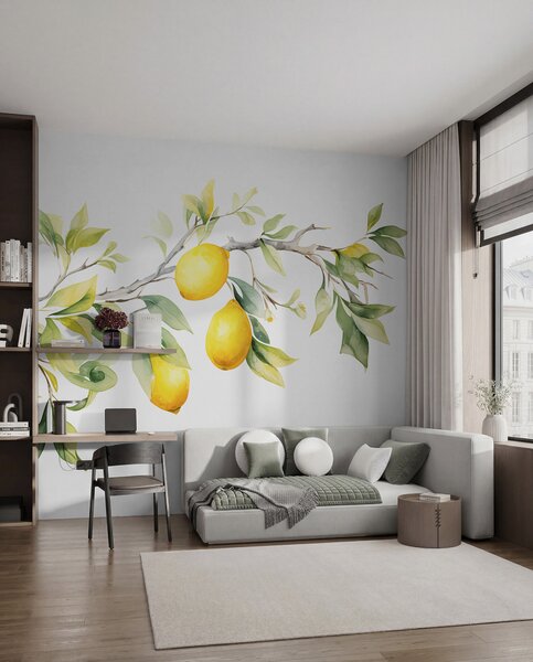 Tapet Ramură de acuarelă cu frunze și fructe de lămâie, Fototapet Acuarelă, w08096 : Uwalls.ro