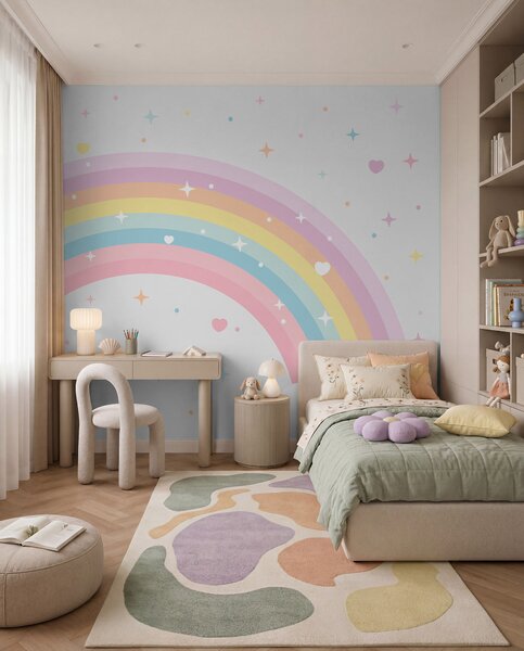 Tapet Curcubeu colorat cu stele și inimi stil scandinav, Fototapet Pentru Copii, Rainbow pentru copiilor, w08109 : Uwalls.ro