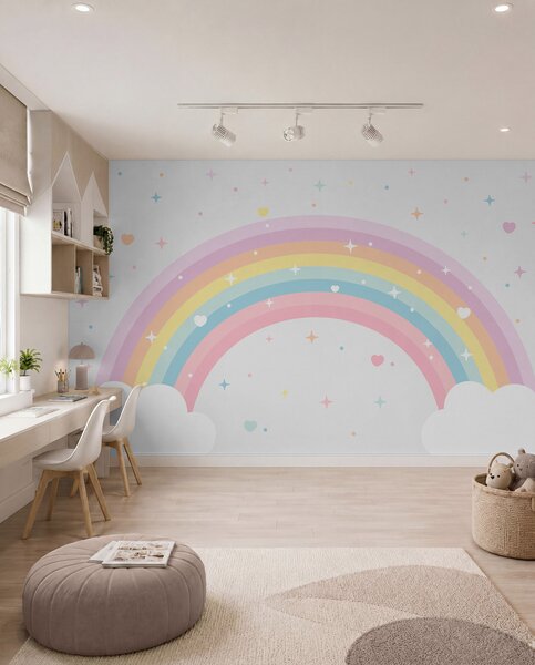Tapet Curcubeu colorat cu stele și inimi stil scandinav, Fototapet Pentru Copii, Rainbow pentru copiilor, w08109 : Uwalls.ro