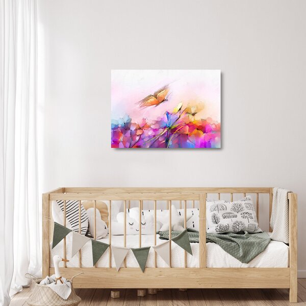 Tablou pe sticlă - Fluture asupra florilor, abstracție (70x50 cm)