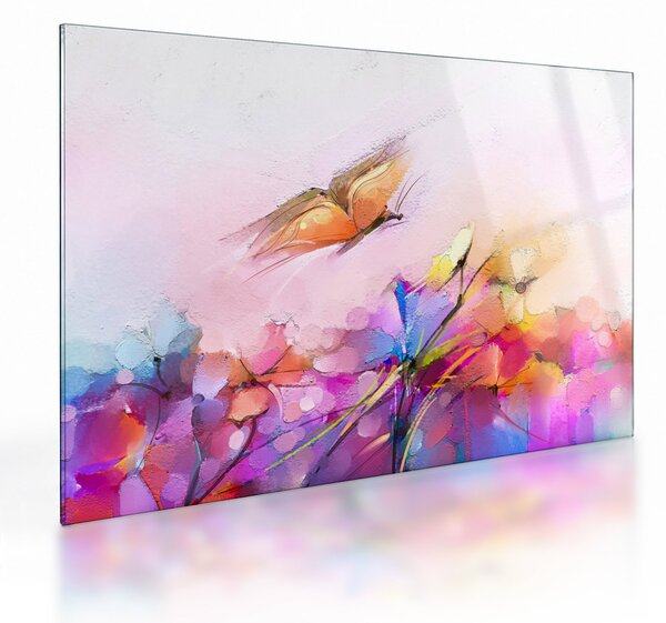 Tablou pe sticlă - Fluture asupra florilor, abstracție (70x50 cm)